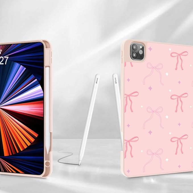 Tuiklo for iPad Pro 12.9 inch 6th / 5th / 4th / 3rd Generation 2022 2021 2020 2018 Release Case- Built in Pencil Holder Slim Protective Cover with Auto Wake/Sleep, Pink Bows