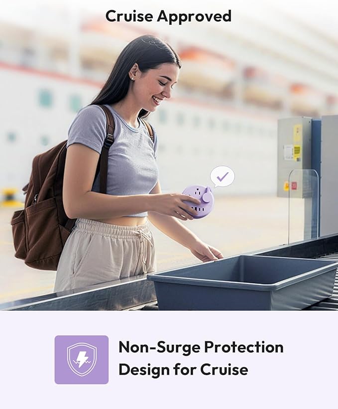 NTONPOWER Purple Travel Power Strip 20W, Travel Essentials, Cruise Essentials 2026 3 Outlets 4 USB Ports(2 USB C), 4FT Wrapped Around Extension Cord for Travel Cruise Ship Beach Vacation Essentials