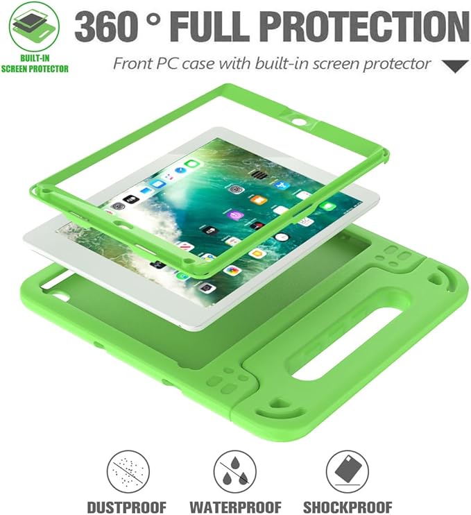 AVAWO Kids Case for iPad 9.7 2017/2018 & iPad Air 2 with Built-in Screen Protector - Light Weight Shock Proof Convertible Handle Stand Friendly Kids Cover for 9.7 iPad 5th & 6th Gen - Green