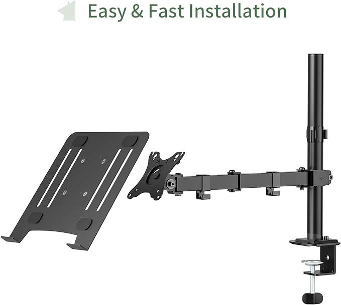 UPGRAVITY Laptop Desk Mount, Single Laptop Stand Arm with Vented Tray for 17 inch Notebook or 14”-32” Monitor, Holds up to 17.6 lbs, Fully Adjustable, Clamp/Grommet Mounting, VESA 75/100mm