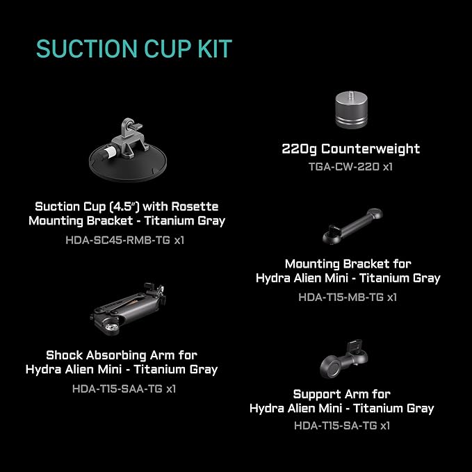 Tilta Hydra Alien Mini Regular Suction Cup Kit - Titanium Gray | Compatible with DJI Pocket 3/4, and Other Action cams/Smartphones | Hydraulic Damping | Adjustable Arm | Shock Absorbers