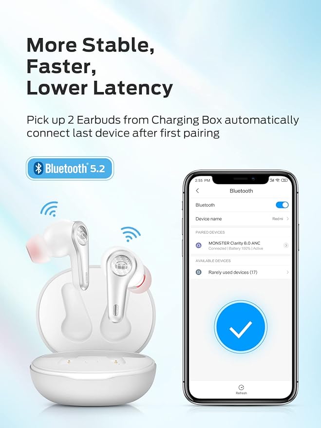 Monster Clarity 8.0 Hybrid Active Noise Cancelling Wireless Earbuds, 42dB in-Ear ANC Earphones Deep Bass with 6 Mics, Bluetooth 5.2, 50H Play Time with Wireless Charging Case