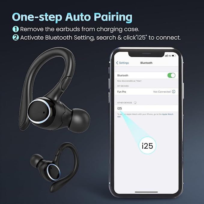 Wireless Earbuds Bluetooth 5.3 Headphones Stereo Ear Buds, ENC Noise Cancelling Mic,IPX7 Waterproof Earphones with Hook for Android iOS Smart Phone Laptop Computer Sports - Black