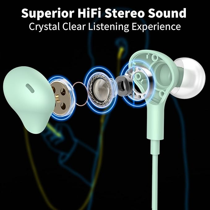 USB Headphones with Microphone for Laptop, 7.5ft Magnetic Wired Earbuds Noise Canceling in-Ear Earphones with Mute Volume Control Stereo Bass for PC Desktop Dell HP Acer Laptop Meetings,Teens,Green
