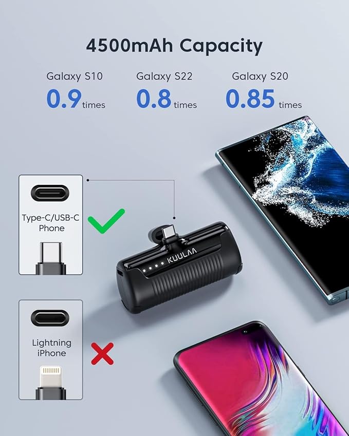Kuulaa Portable Charger USB C Power Bank 4500mAh Small Portable Phone Charger Android Compact Plug in Battery Pack Portable Compatible with iPhone 15, Samsung Galaxy, Moto, LG, Pixel, Black
