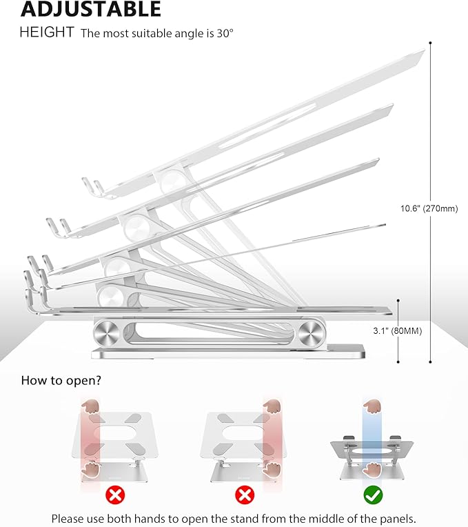 BoYata Laptop Stand, Adjustable Multi-Angle Laptop Holder, Compatible for Laptops up to 17 inches, Sturdy Aluminum & Silicone, Silver