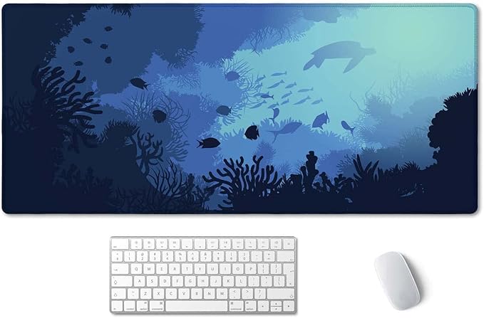 SSOIU Blue Ocean Big Turtle Desk Mat, Under The Sea Peaceful Extra Large Mouse Pad, Extended Gaming Mat 35.5" X 15.7", Large Non-Slip Rubber Base with Stitched Edges