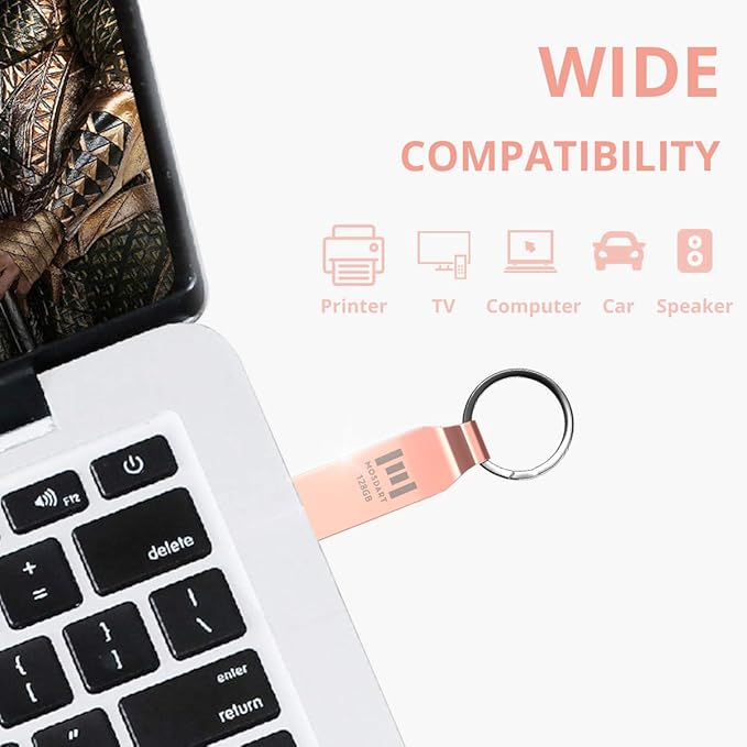 MOSDART Waterproof 128GB USB2.0 Flash Drive, exFAT Metal Memory Stick with Keychain, for System Back, Data Storage, Rose Gold(Pack of 2)