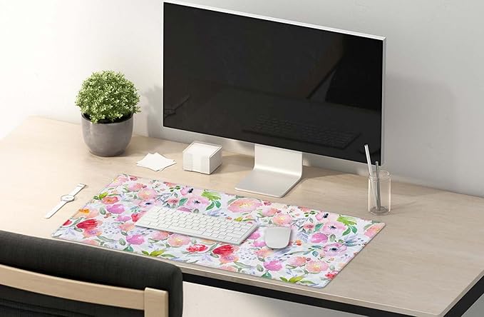 SSOIU Extended Gaming Mouse Pad (35.5x15.7 in), Large Stable Rubber Base Mousepad with Stitched Edges, Keyboard Mouse Mat Desk Pad for Work, Game, Office, Home - Watercolor Floral Botanical Pattern
