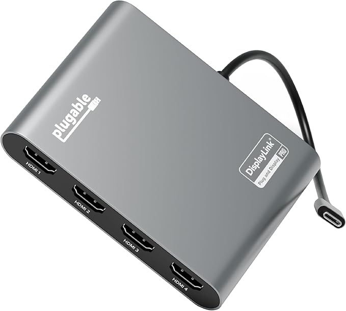 Plugable USB C to Quad HDMI 4K Adapter with 100W PD Pass-Though Power Delivery for Windows, Mac M1/M2/M3/M4, Thunderbolt, and USB-C Laptops | TAA, DisplayLink Pro, Driver Required (USBC-7400H4)