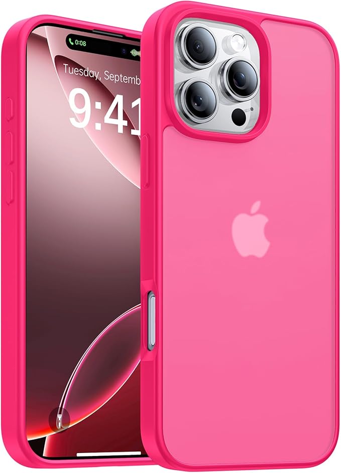 for iPhone 16 Pro Case, [Military-Grade Drop Protection][Anti-Yellowing] Shockproof Protective Translucent Matte Cover for iPhone 16 Pro Phone Case,Hot Pink