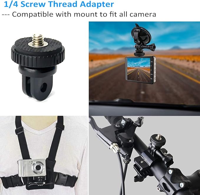 Action Camera Accessories, Adhesived Curved & Flat Mounts with Buckle, 1/4 Screw Thread with Thumb Screw, Compatible with Gopro Mounts and All Cameras