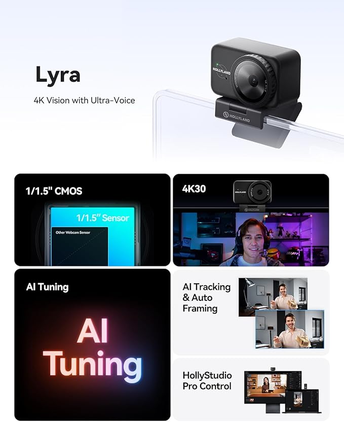 Hollyland Lyra UHD 4K Webcam for PC with Mic, 1/1.5" Sensor, 50MP, Auto Framing, PDAF, Control for Live Streaming, Video Calls, Gaming, Works with Zoom, Teams, Twitch & More