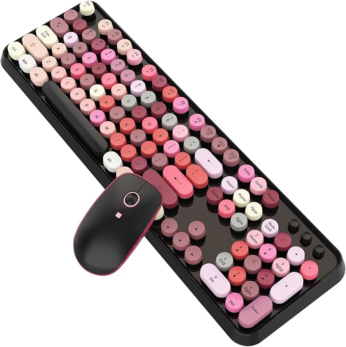 Colorful Keyboard and Mouse Wireless, Retro Lipstick Typewriter Style Keyboard with 104 Round Keys, 2.4Ghz Cute Aesthetic Cool Full Size Keyboard with Number Pad for PC Laptop Desktop Computer-Black