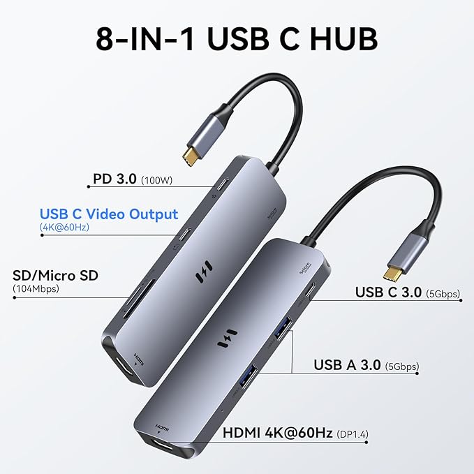 USB-C Hub HDMI Adapter for MacBook Pro/Air, 8-in-1 USB-C Video Hub with HDMI 4K@60Hz, SD/TF, USB-C Data Port, 100W PD, USB 3.0, USB-C Dongle Compatible with Dell XPS/Lenovo Thinkpad/HP/Surface/Yoga