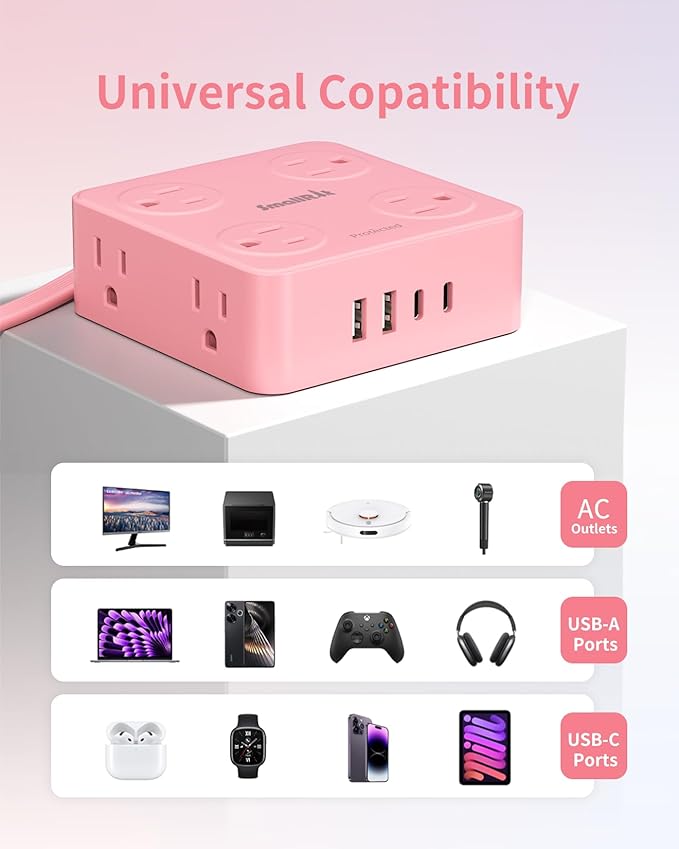 Extension Cord with Multiple Outlets, SMALLRT Power Strips with Surge Protection, 6.5FT Flat Plug Power Strip with USB Ports, 8 Outlets, Outlet Extender Surge Protector Outlet for Home Office, Pink