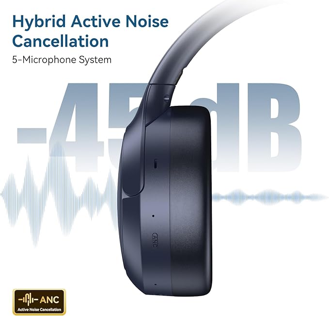 Hybrid ANC Wireless Over-Ear Headphones, 100H Playtime, Hi-Res Audio, Bluetooth 6.0, Multi-Mode Noise Cancellation, Comfort Fit, iOS & Android Compatible, Foldable Design, Travel-Friendly (Blue)