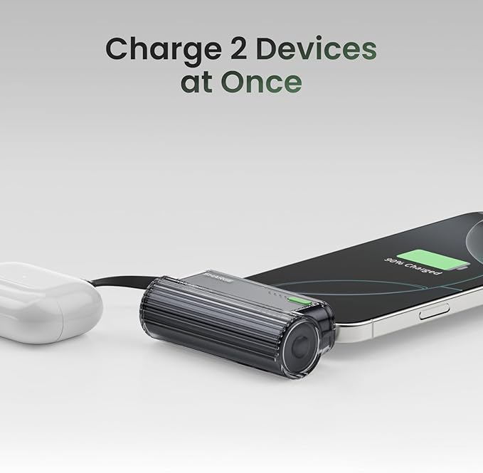 sharge Flow Mini 2 Power Bank with Built-in Cable 22.5W Max Portable Charger for Travel, Fast Charging Battery Pack with iOS and USB-C Connector for iPhone 17/16/15/14, Galaxy, Google, and More