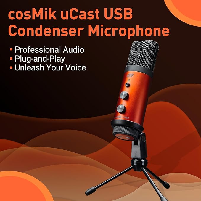 ESI cosMik uCast | USB Microphone, Cardioid Condenser Computer Microphone for Gaming, Streaming, Podcasting, 2m USB-C Cable, Mute Button, Built-in Headphone Jack, Gain Control, USB Mic for PC & Mac