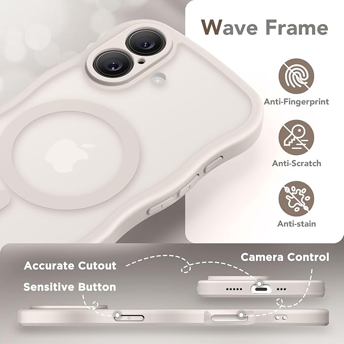 CAPRARO Magnetic for iPhone 17 Case for Women Girls, Upgraded [Full Camera Protection] [Compatible with MagSafe] Cute Wave Translucent Matte Phone Case for iPhone 17, Stone