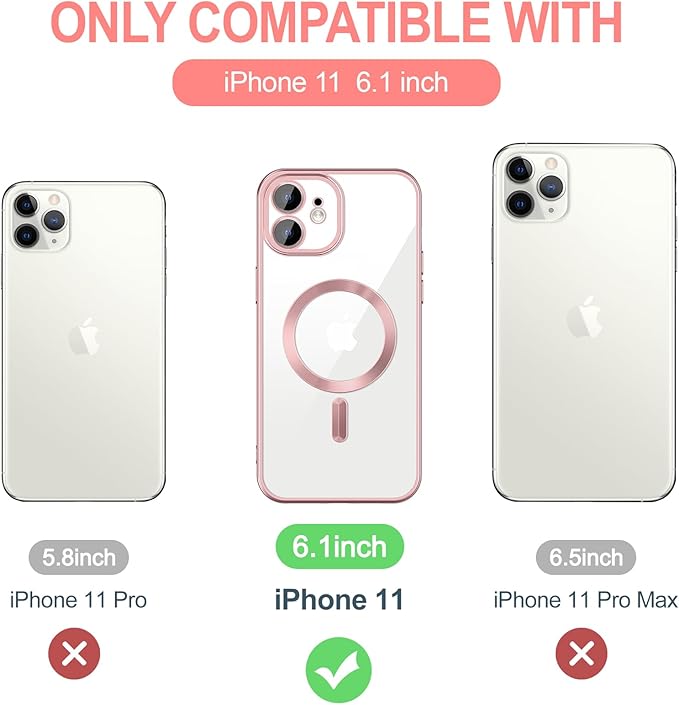 Hython Magnetic Clear for iPhone 11 Case with Camera Lens Protector [Compatible with MagSafe] Luxury Plating Edge Slim Soft TPU Cover Protective Phone Case for iPhone 11 6.1", Matte Pink