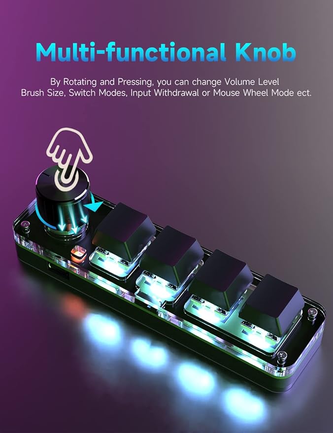 One-Handed Macro Mechanical Keyboard, 4 Keys Gaming Keyboard Fully Programmable for Knobs and Keys, OSU Keypad Hotswap Keypad with RGB for Game Editing PS