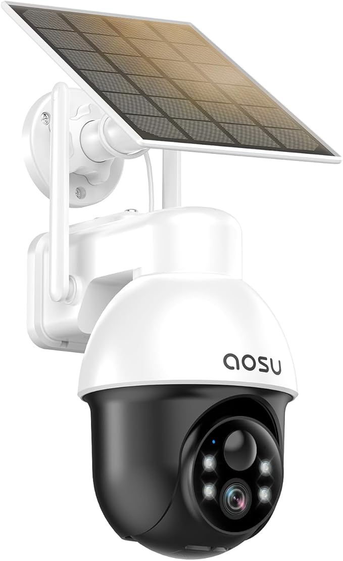 aosu Solar Security Camera Wireless Outdoor with Panoramic PTZ, Human Auto Tracking, 2K Night Vision, Light and Sound Alarm, 2-Way Audio, Works with Alexa/Google Assistant for Home Surveillance