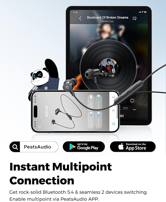 SoundPEATS Q40 HD Sports Neckband Headphones with LDAC Hi-Res Audio & Bluetooth 6.0 Stable Connection, IP67 Waterproof Wireless Earbuds, 20H Playtime for Running Gym, Fast Charge Dual Pairing,Black