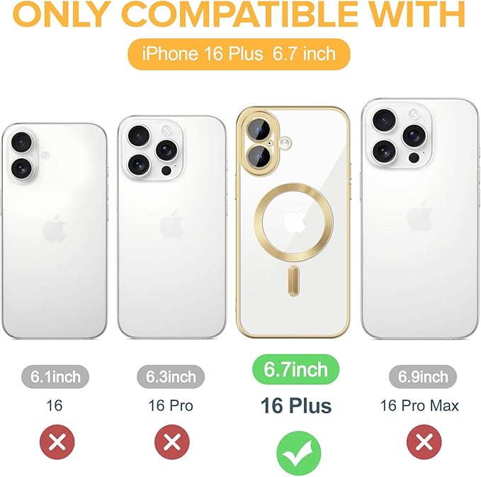 Hython Magnetic Clear for iPhone 16 Plus Case with Camera Lens Protector [Compatible with MagSafe] Luxury Plating Edge Slim Soft TPU Cover Protective Phone Case for iPhone 16 Plus, Matte Gold