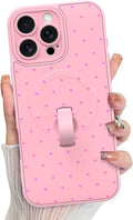 KANGHAR Compatible with iPhone 16 Pro Max Case, Support for MagSafe, Silicone Spot Cute Pattern, Wristband Kickstand Camera Protection Shockproof Soft Slim Cover for Girls Women, Pink