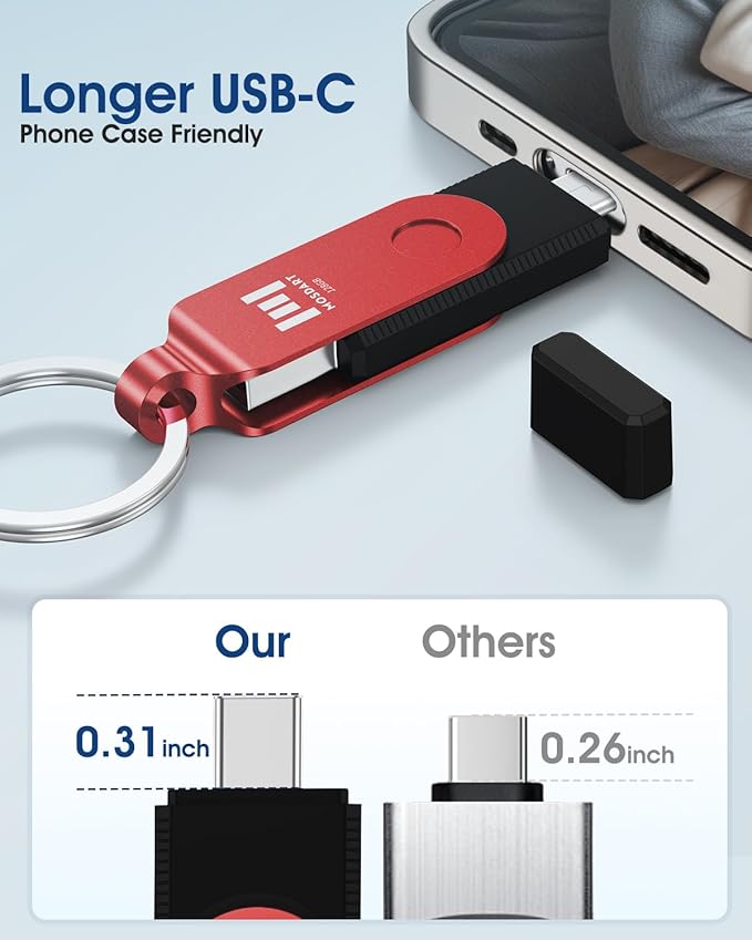 MOSDART 128GB USB C 3.2 Fast Speed C and A Dual Flash Drive, exFAT Memory Stick with Keychain and LED Indicator, for iPhone 15,16,17, Android Phone, iPad, MacBook, and Other Laptops, Red