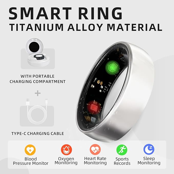 Smart Ring Titanium Fitness Sleep Tracker Health Monitoring Blood Pressure Blood Oxygen for iPhone and Android 7 Days Batterty Life (Rose Gold, 12)