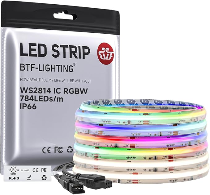 BTF-LIGHTING FCOB COB LED Strip Light IP66, WS2814 Smart IC RGBW 4000K Color Chasing Light, UL Listed DC24V 16.4FT 784LEDs/m High Density 10mm Width for Home Party DIY Decor(No Adapter or Controller)