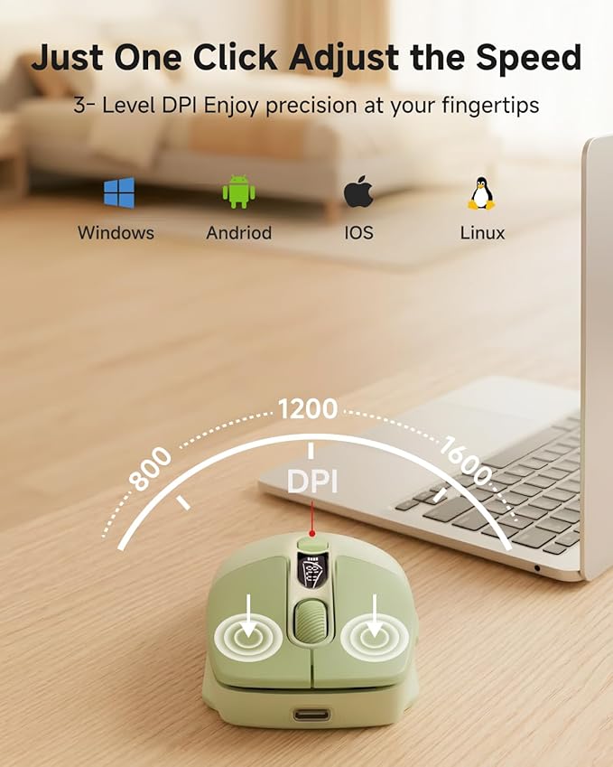 EWEADN Q1 Wireless Bluetooth Mouse, BT & 2.4G Computer Mouse with Battery & DPI LED Screen Display, Type-C Rechargeable with 1600 DPI Levels, 6 Button Silent Ergonomic Mouse for Laptop/PC/Mac-Green