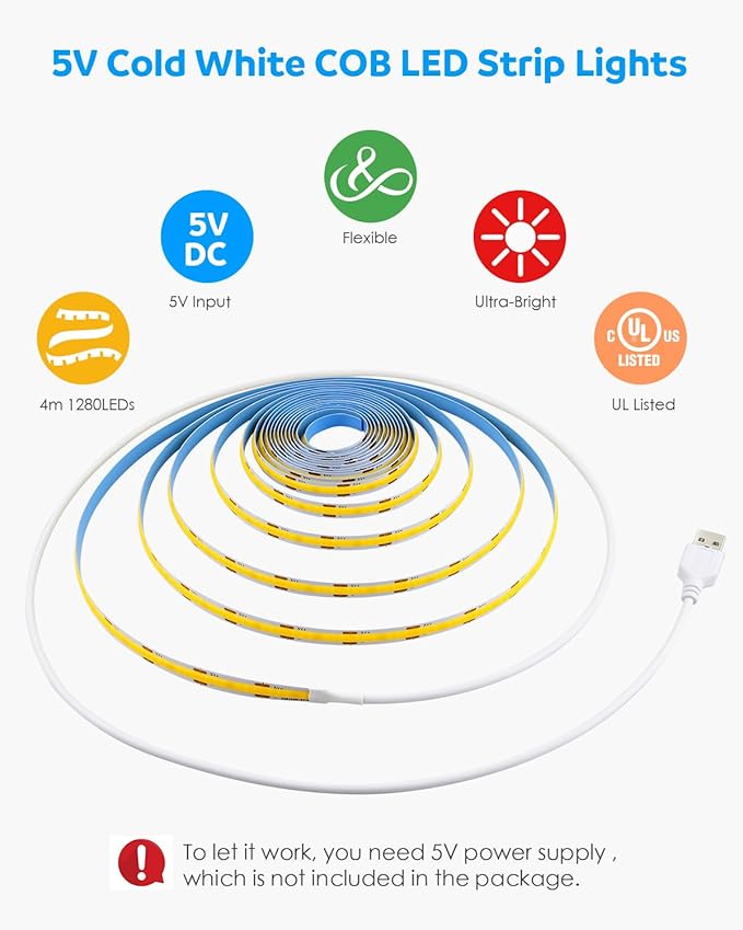 Aclorol COB LED Strip Light 5V USB White 6000K 13.12FT/4M 1280LEDs CRI85+ LED Light Strip for Bedroom Super Bright Tape Lights with 1M Cable for Under Cabinet Desks 3D Printer DIY Lighting Decor