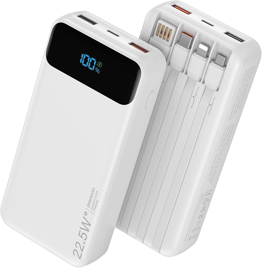 Portable Charger, 20000mAh 22.5W Fast Charging Power Bank with 4 Built-in Cables, Travel Essentials External Battery Pack with LED Display, 6 Outputs Charging Bank for iPhone, iPad, Samsung etc White
