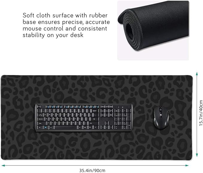 Black Leopard Print Mouse Pads XXL Extended Mousepad with Stitched Edges Non-Slip Rubber Base Computer Keyboard Pad Desk Mat for Home Office Desk Decor, 35.4" X 15.7"