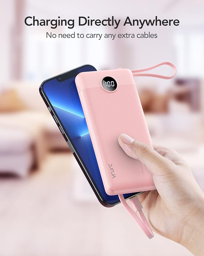 VRURC Portable Charger Power Bank, 10000mAh Travel Essentials Battery Pack, Compact USB C Charging Bank Built-in Cables Cords Compatible with iPhone 17 Pro 17 16 15 14 13,Samsung-Pink(1 Pack)