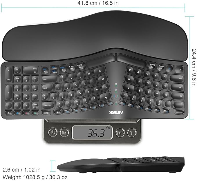 Arteck Ergonomic Keyboard with Cushioned Wrist Palm Rest, Multi-Device Wireless Bluetooth with USB-A USB-C Receiver Comfortable Ergonomic Split Keyboard, for Windows Computer Laptop PC Tablet