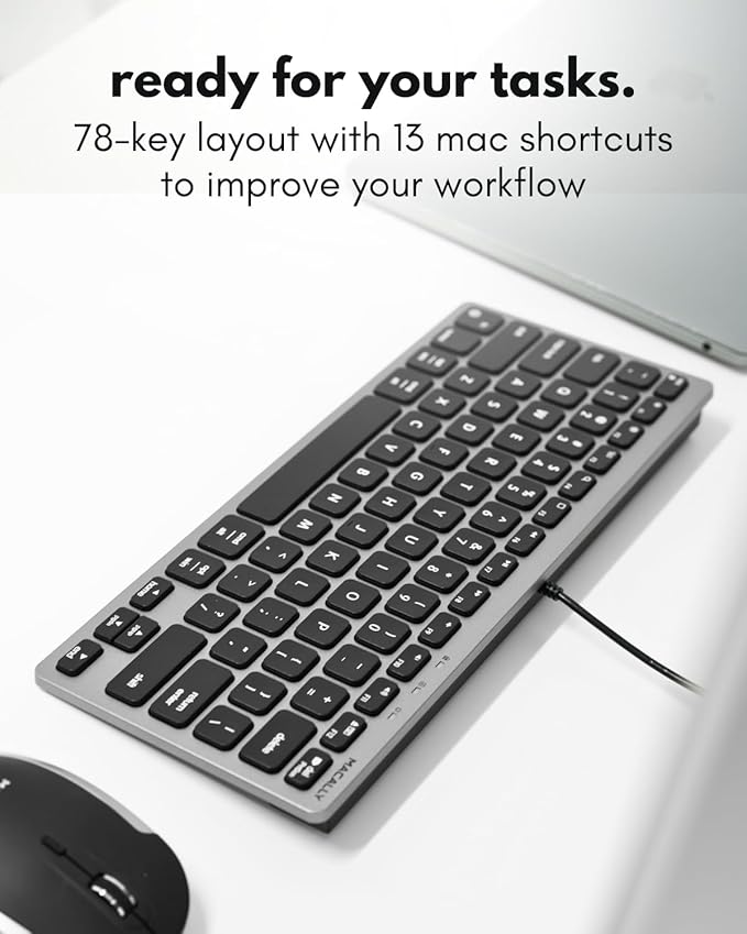 Macally Small Wired Keyboard for Mac and PC (Dual USB C + A) - Save Space, 78-Key Layout with 13 Shortcuts, Type C - Compact USB C Keyboard for MacBook, iMac, iPad, iPhone - Space Gray