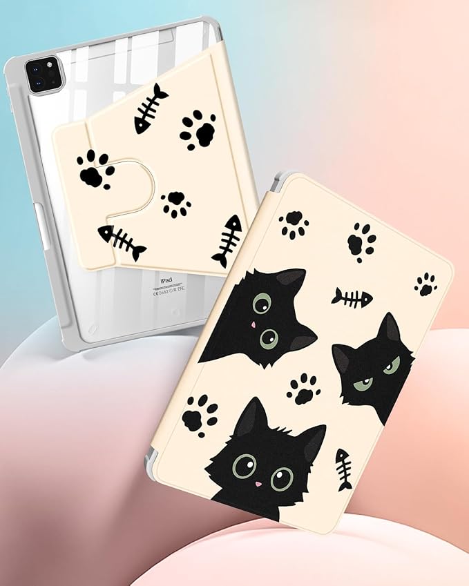 Uppuppy for iPad Air 11 inch Case(Air M4 2026, 8th Gen/M3 2025/M2)/Air 5th/4th Gen 10.9", for iPad Pro 11 inch Case(4th/3rd/2nd/1st Gen) - 360 Rotating Smart Folio Cover with Pencil Holder, Black Cat