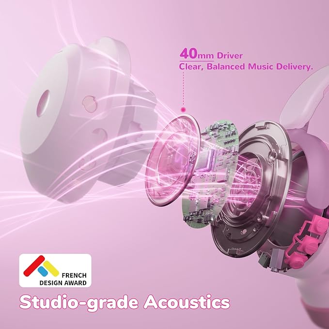 iClever BTH20 Active Noise Cancelling Headphones for Kids, 60H Play Time,Type C Fast Charging, Safe Volume 80dBA, Bluetooth5.4, Kids Headphones Wireless for iPad Tablet Airplane, Rose Pink
