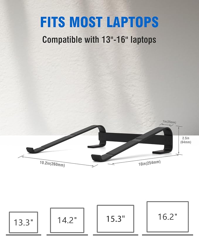 Ventilated Laptop Stand for Desk, Ergonomic Aluminum Laptop Riser, Computer Stand for Laptop, Compatible with MacBook Air Pro, Dell, HP, More 11-17.3 Inches Notebook, Work from Home (Black)