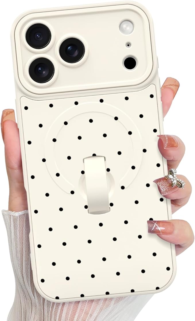 KANGHAR Compatible with iPhone 17 Pro Case, Support for MagSafe, Silicone Spot Cute Pattern, Wristband Kickstand Camera Protection Soft Slim Cover for Girls Women -White