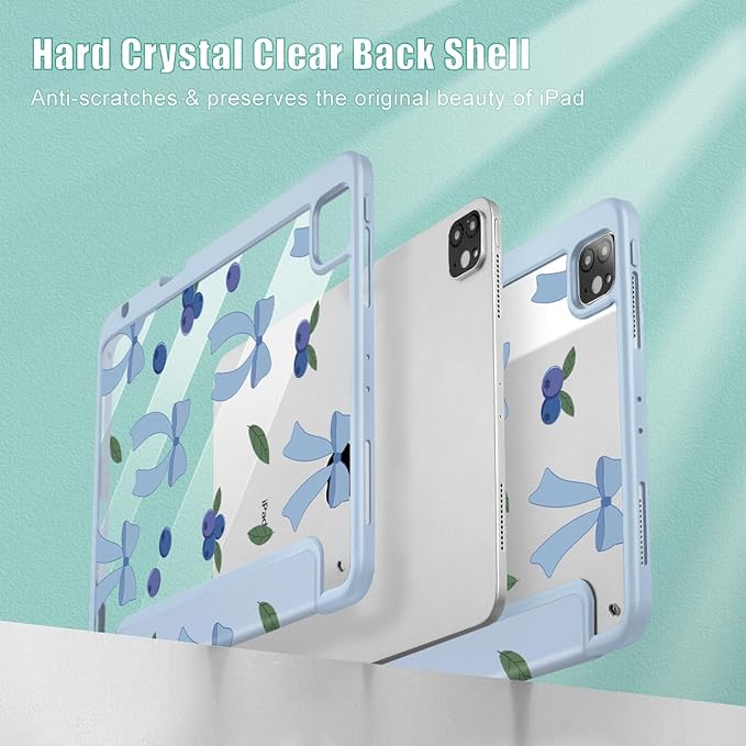 Tuiklol for iPad Pro 12.9 Inch 6th/5th/4th/3rd Generation 2022 2021 2020 2018 Case,Built-in Pencil Holder Clear Transparent Protective Back Shell Cover with Auto Sleep/Wake, Blueberries-Blue