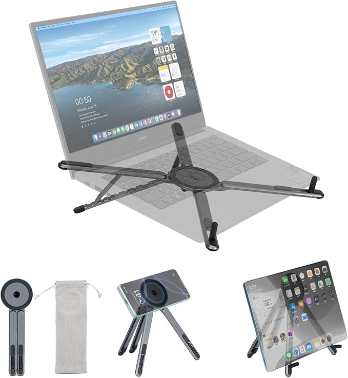 koolehaoda Portable Laptop Stand for Desk & Travel, CNC Aluminum Foldable Computer Riser Magnetic Grip Multi-Angle Support Stand for MagSafe,MacBook,iPhone,iPad, 4–16" Phones,Tablets and Laptops