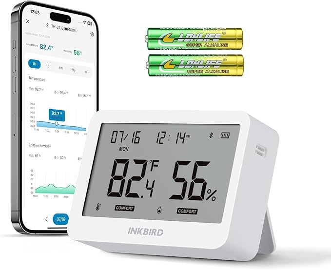 INKBIRD ITH-21-B Bluetooth Thermometer Hygrometer, Indoor Temperature Humidity Sensor with Large Screen Display, App Notification Alert, Free Data Storage Export for Home Office Greenhouse