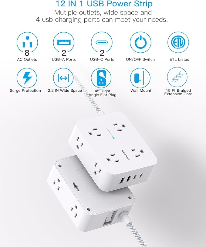 Surge Protector Power Strip 15 Ft Long Cord, HANYCONY Extension Cord 15 Feet with 8 Outlets 4 USB Ports(2 USB C), Flat Plug, Desk Charging Station for Home Office College Dorm Room Essentials