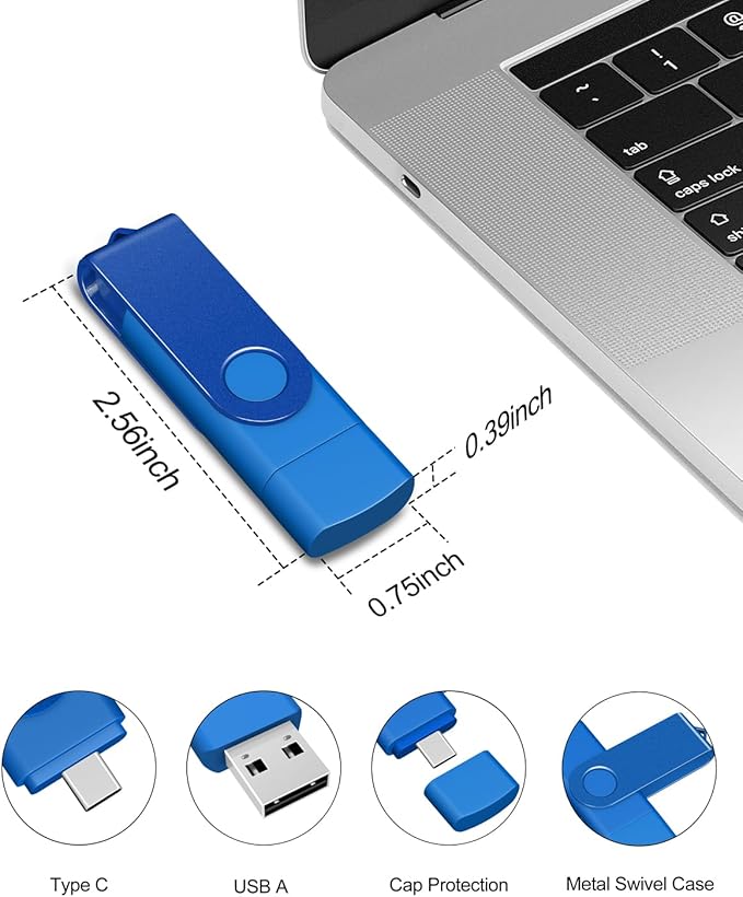 AreTop 4GB USB C Flash Drive Dual USB 2.0 Flash Drive 4GB USB Drive Swivel Design 2-in-1 Portable Type-C Memory Stick for Android Smartphone, Computers, MacBook, Tablets, PC, 1 Pack (Blue)