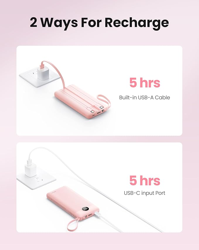 Portable Phone Charger, Slim 10000mAh Travel Essentials Power Bank with Cords Wires, Battery Pack 5 Outputs 2 Inputs LED Display Compatible with iPhone/Android & More (Pink)